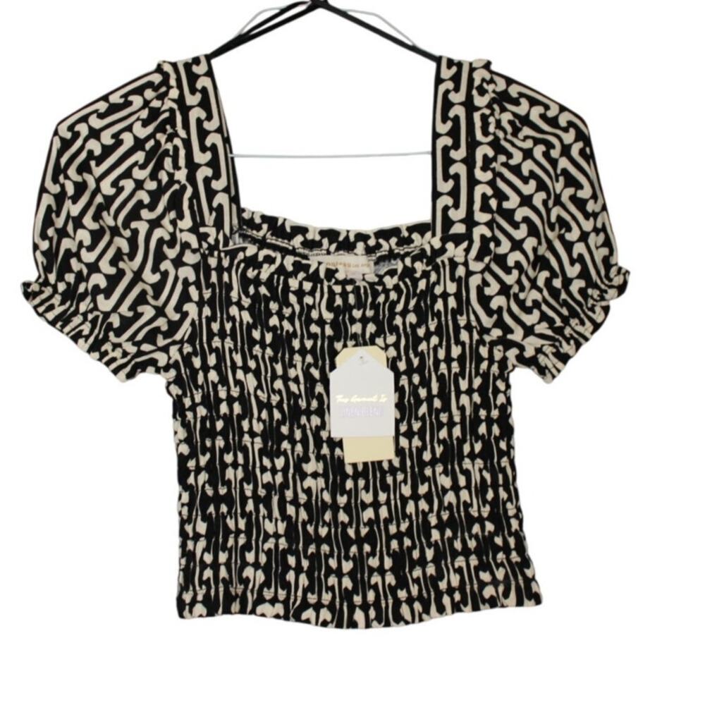 Monteau NWT Womens Linen Blend Puff Sleeve top, Ribbed Size Med